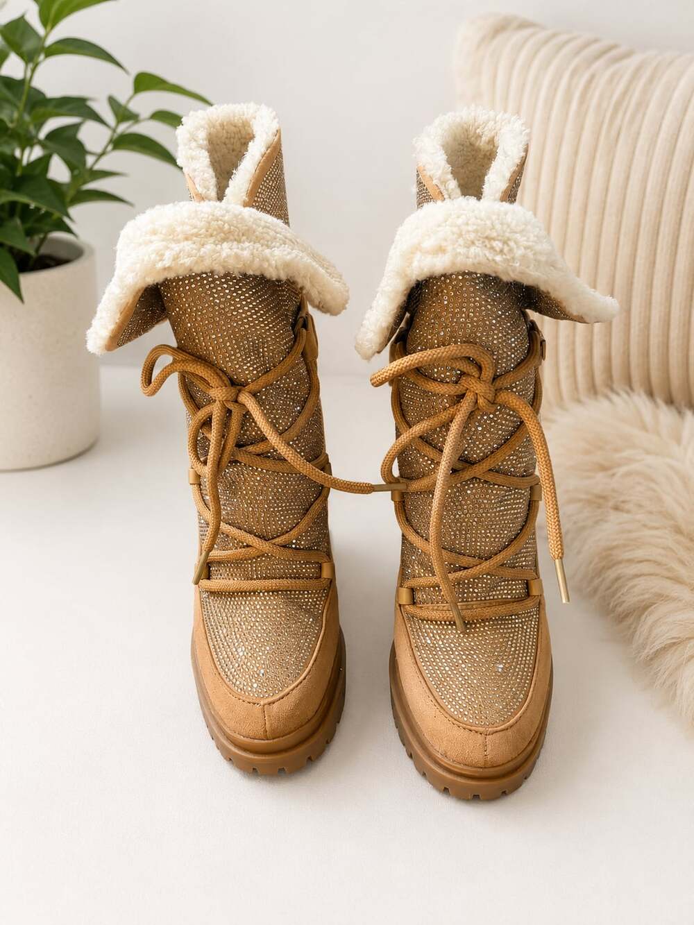 Michael Kors Culver Embellished Sherpa Lace-Up Boots in Tan Gold